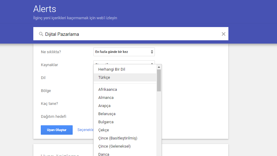 Google Alerts Dil Seçimi